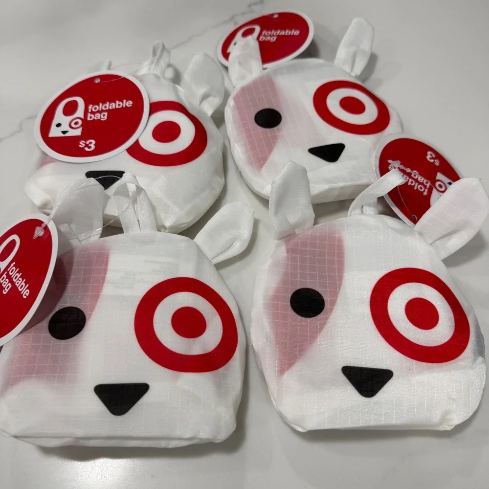 Set of 4 Target Bullseye Dog Foldable Reusable Tote Bags White Red 16x20 New